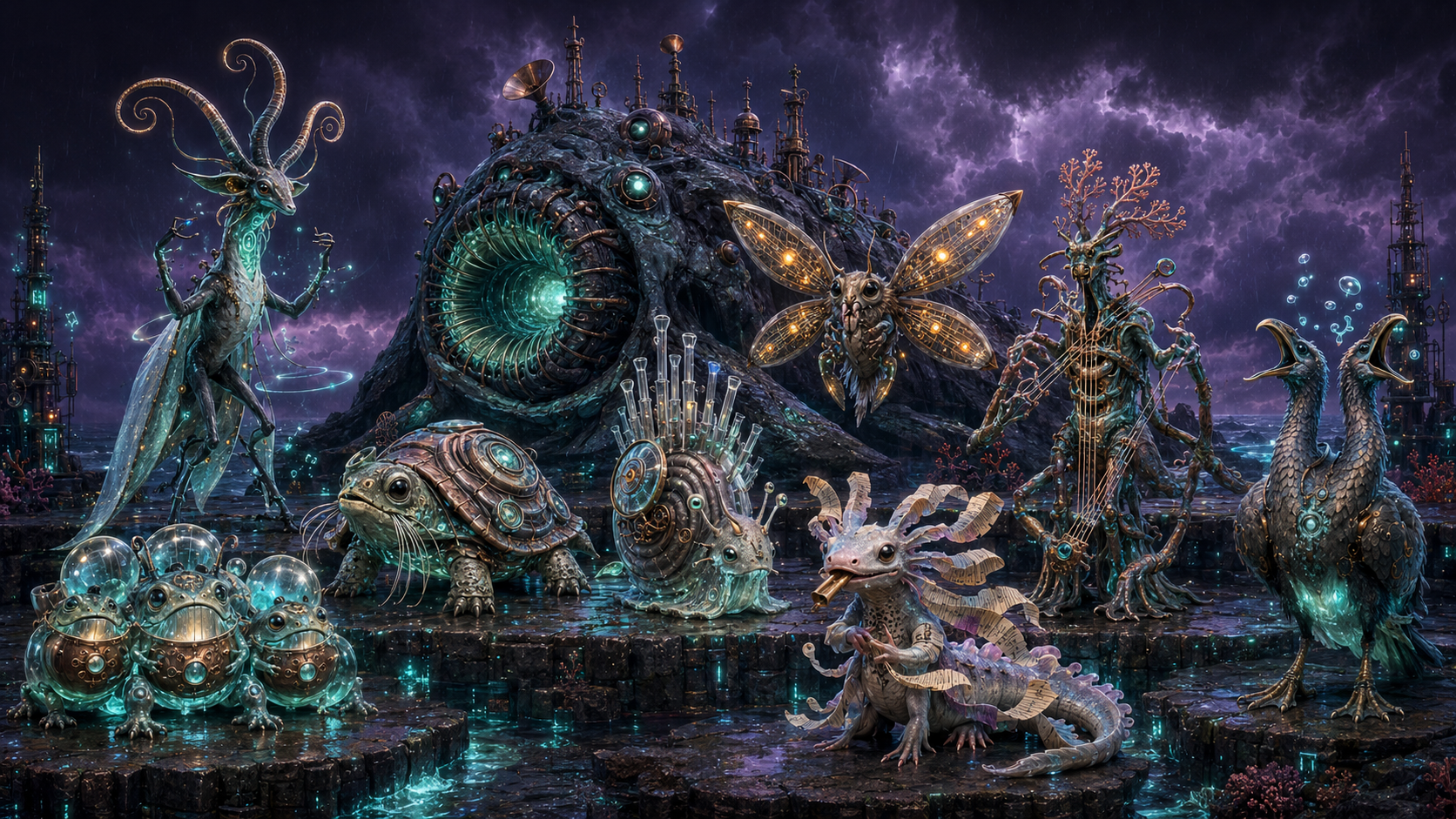 The nine Dead Air Atoll performers arranged on a storm-lit basalt broadcast stage.